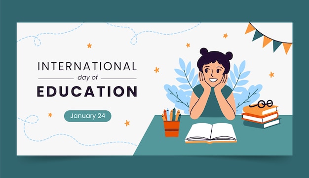 Vector gratuito plantilla de banner horizontal plana para la celebración del día internacional de la educación