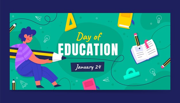 Plantilla de banner horizontal plana para la celebración del día internacional de la educación