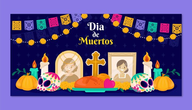 Plantilla de banner horizontal plana para celebración de dia de muertos