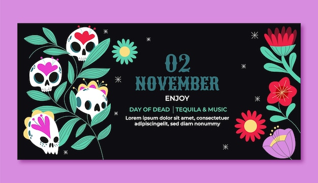 Vector gratuito plantilla de banner horizontal plana para celebración de dia de muertos
