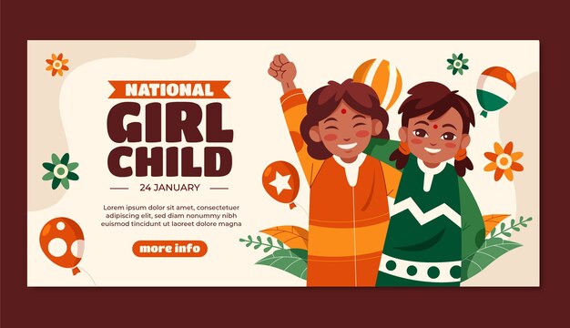 Plantilla de banner horizontal plana para la celebración del día nacional de la niña