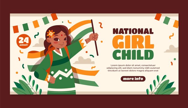 Plantilla de banner horizontal plana para la celebración del día nacional de la niña