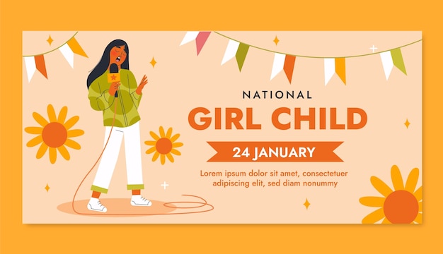 Plantilla de banner horizontal plana para la celebración del día nacional de la niña