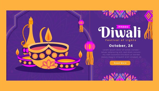 Plantilla de banner horizontal plana para celebración de diwali