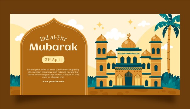 Plantilla de banner horizontal plana para celebración de eid al-fitr