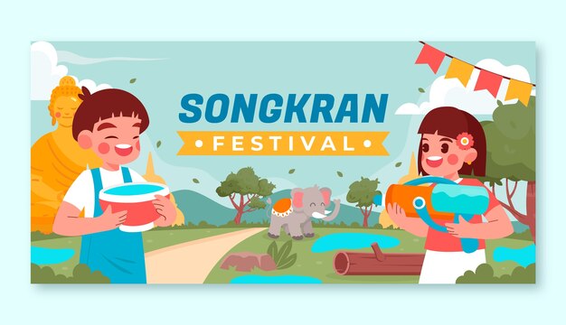 Plantilla de banner horizontal plana para la celebración del festival del agua de songkran
