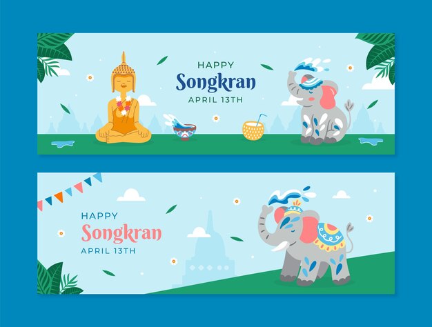 Plantilla de banner horizontal plana para la celebración del festival del agua de songkran