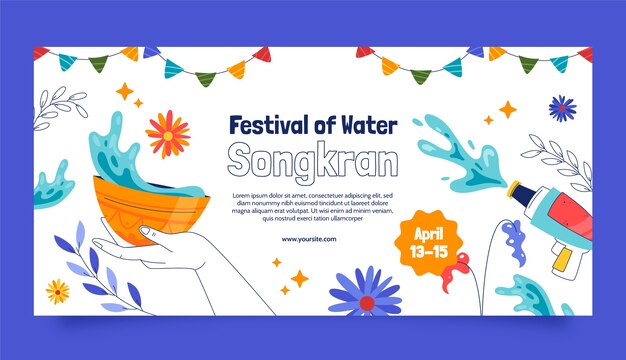 Plantilla de banner horizontal plana para la celebración del festival del agua de songkran