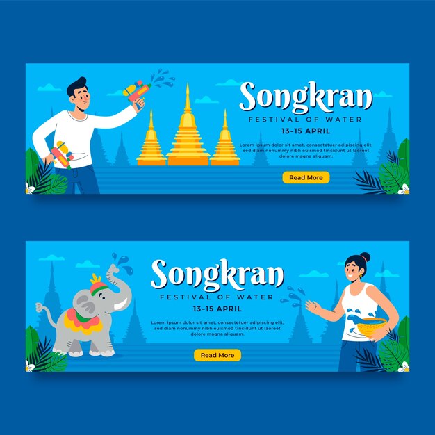 Plantilla de banner horizontal plana para la celebración del festival del agua de songkran
