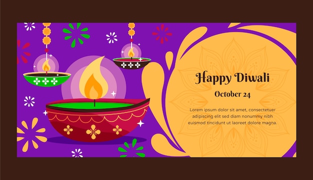 Plantilla de banner horizontal plana para la celebración del festival de diwali
