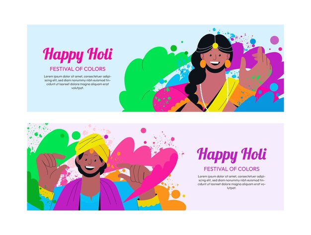 Plantilla de banner horizontal plana para la celebración del festival de Holi
