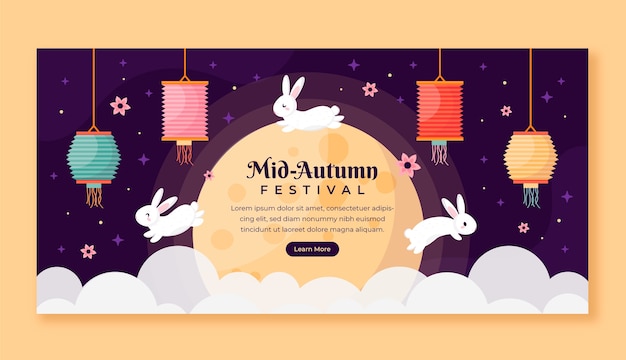 Plantilla de banner horizontal plana para la celebración del festival del medio otoño