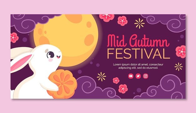 Plantilla de banner horizontal plana para la celebración del festival del medio otoño