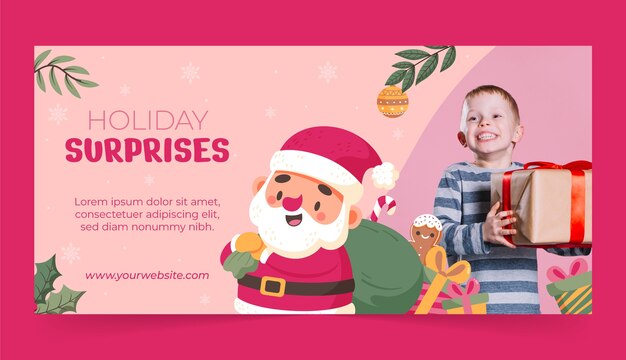 Plantilla de banner horizontal plana para la celebración de la temporada navideña con santa claus