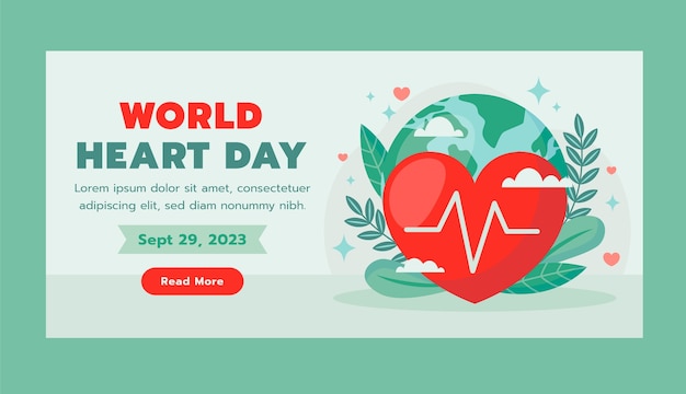 Vector gratuito plantilla de banner horizontal plana para la conciencia del día mundial del corazón