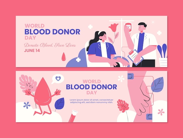 Vector gratuito plantilla de banner horizontal plana para la conciencia del día mundial del donante de sangre