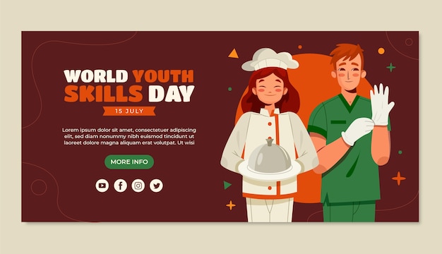 Vector gratuito plantilla de banner horizontal plana para la conciencia del día mundial de las habilidades juveniles