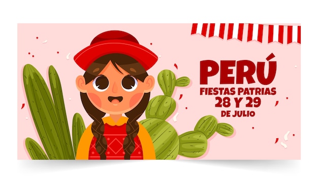 Vector gratuito plantilla de banner horizontal plana fiestas patrias con mujer y cactus