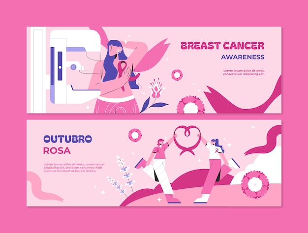 Vector gratuito plantilla de banner horizontal plana para el mes de concientización sobre el cáncer de mama