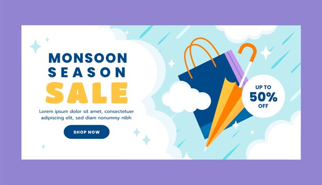 Plantilla de banner horizontal plana para la venta de la temporada del monzón
