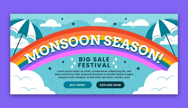 Plantilla de banner horizontal plana para las ventas de la temporada del monzón