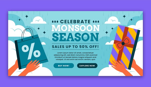 Plantilla de banner horizontal plana para las ventas de la temporada del monzón