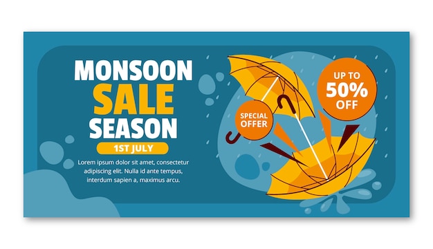 Plantilla de banner horizontal plana para las ventas de la temporada del monzón