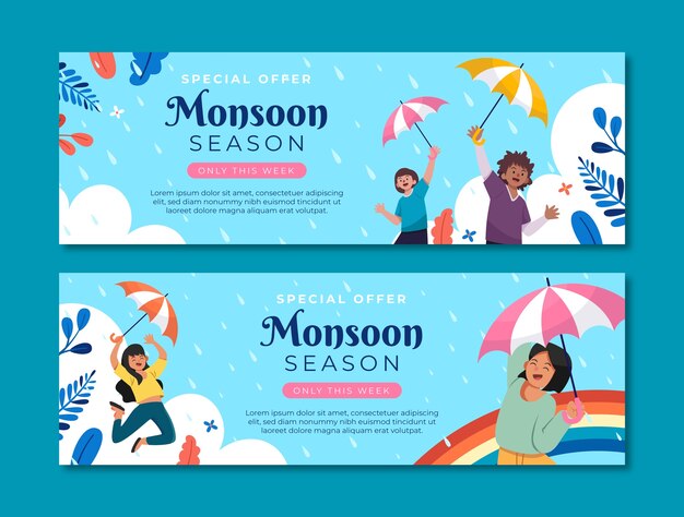 Plantilla de banner horizontal plana para las ventas de la temporada del monzón