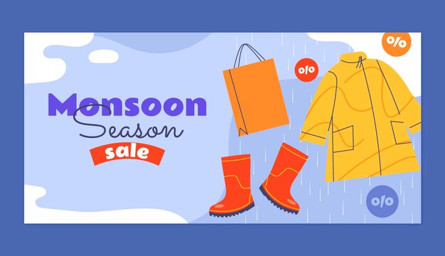 Plantilla de banner horizontal plana para las ventas de la temporada del monzón