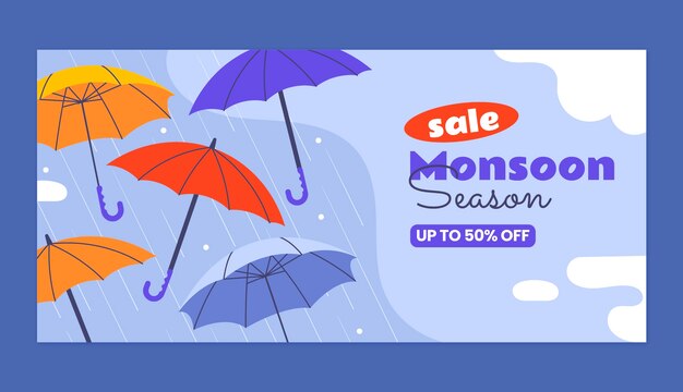 Plantilla de banner horizontal plana para las ventas de la temporada del monzón