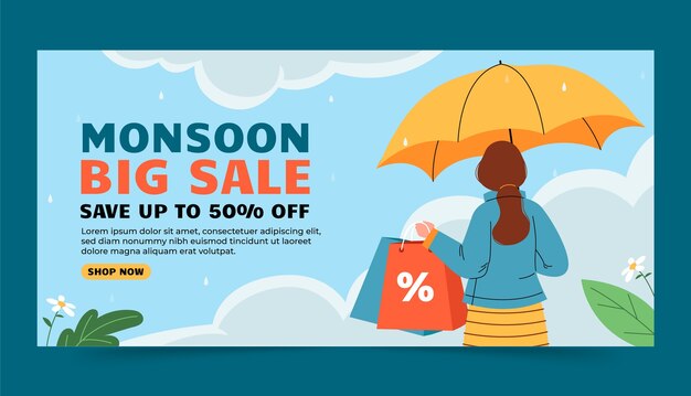 Plantilla de banner horizontal plana para las ventas de la temporada del monzón
