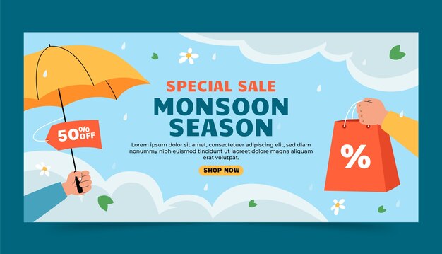 Plantilla de banner horizontal plana para las ventas de la temporada del monzón
