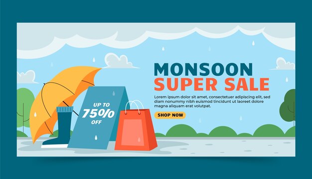 Plantilla de banner horizontal plana para las ventas de la temporada del monzón