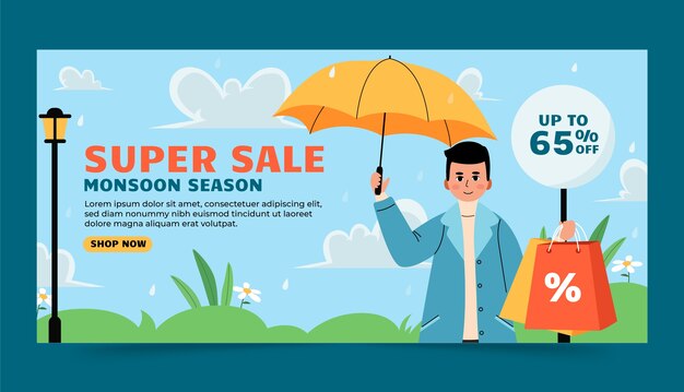 Plantilla de banner horizontal plana para las ventas de la temporada del monzón