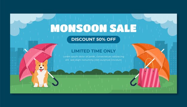Plantilla de banner horizontal plana para las ventas de la temporada del monzón
