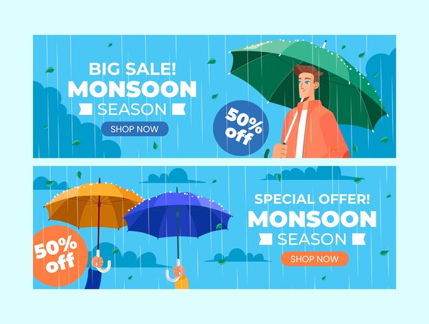 Plantilla de banner horizontal plana para las ventas de la temporada del monzón