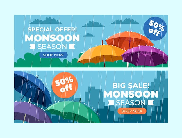 Plantilla de banner horizontal plana para las ventas de la temporada del monzón