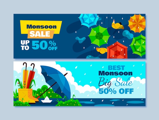 Plantilla de banner horizontal plana para las ventas de la temporada del monzón