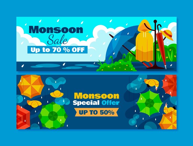Plantilla de banner horizontal plana para las ventas de la temporada del monzón