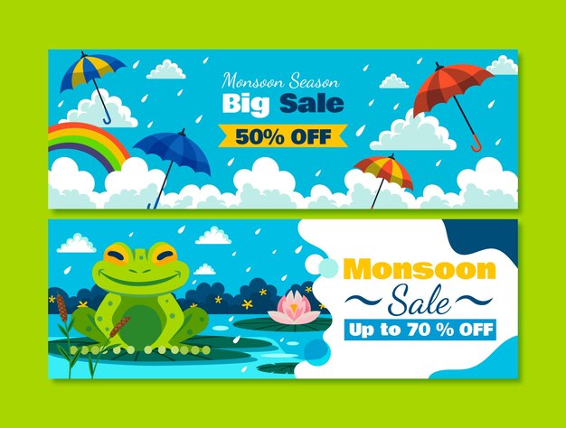 Plantilla de banner horizontal plana para las ventas de la temporada del monzón