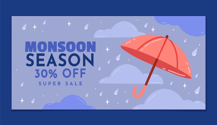 Vector gratuito plantilla de banner horizontal plana para las ventas de la temporada del monzón