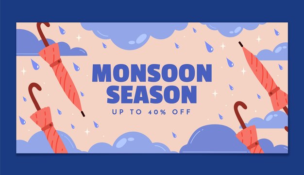 Plantilla de banner horizontal plana para las ventas de la temporada del monzón
