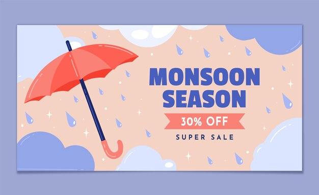 Plantilla de banner horizontal plana para las ventas de la temporada del monzón