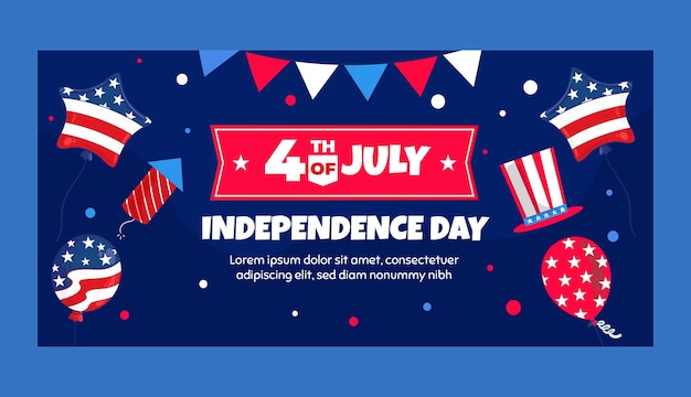 Plantilla de banner horizontal plano del 4 de julio con globos y fuegos artificiales