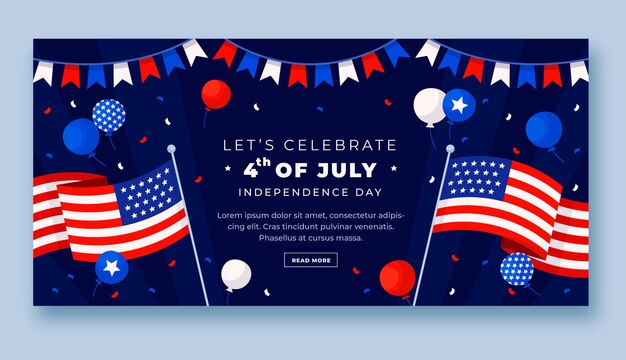 Plantilla de banner horizontal plano del 4 de julio con globos