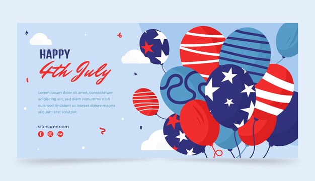 Plantilla de banner horizontal plano del 4 de julio con globos