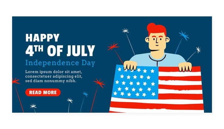 Vector gratuito plantilla de banner horizontal plano del 4 de julio con hombre que sostiene la bandera