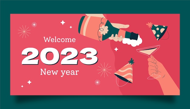 Plantilla de banner horizontal plano de año nuevo