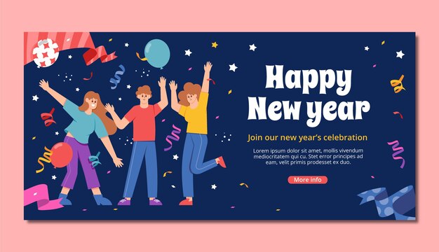Plantilla de banner horizontal plano de año nuevo