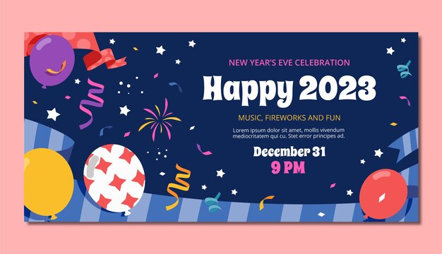 Plantilla de banner horizontal plano de año nuevo